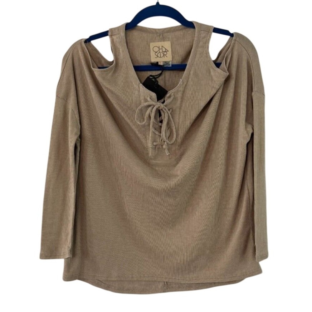 Chaser Tan Ribbed Cold Shoulder Lace Up Long Sleeve Top NWT Womens Size M
